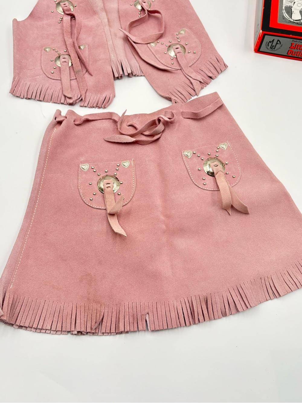 Little Outlaw Girls M Leather Cowgirl Vest Skirt Set Pink Fringe Costume - Picture 7 of 15